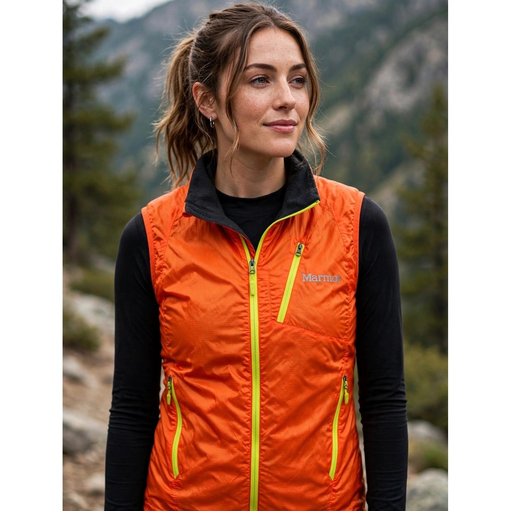 Marmot Ether Driclime Vest Orange Neon Yellow Full Zip Hiking Running Mens Small